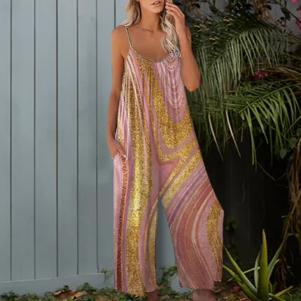 Women Fashion Casual Tie-Dyed V-Neck Spaghetti Strap Wide Leg Jumpsuits - Image 5