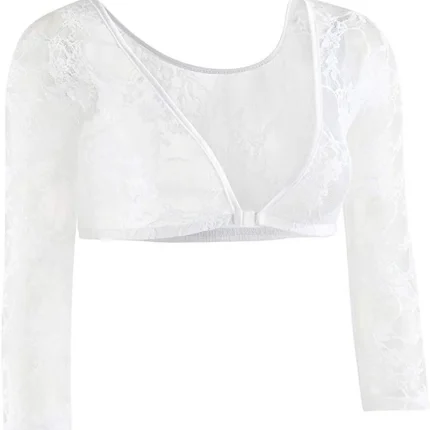 Women Fashion Sexy Solid Color See-Through Lace V-Neck Long-Sleeve Crop Top - Image 4