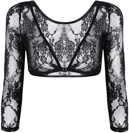 Women Fashion Sexy Solid Color See-Through Lace V-Neck Long-Sleeve Crop Top - Image 5