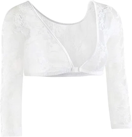 Women Fashion Sexy Solid Color See-Through Lace V-Neck Long-Sleeve Crop Top - Image 6