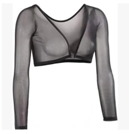 Women Fashion Sexy Solid Color See-Through Lace V-Neck Long-Sleeve Crop Top - Image 7