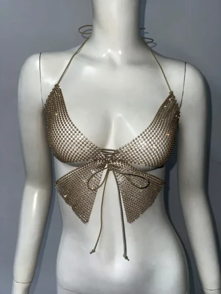 Women Fashion Sexy Rhinestone Fishing Net Halter-Neck Sleeveless Lace-Up Crop Top - Image 5