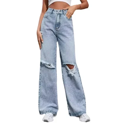 Women Fashion Casual High Waist Wide Leg Ripped Jeans - Image 4