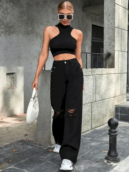 Women Fashion Casual High Waist Wide Leg Ripped Jeans - Image 5