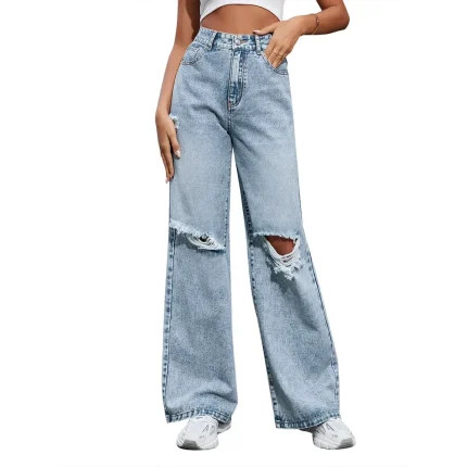 Women Fashion Casual High Waist Wide Leg Ripped Jeans - Image 6