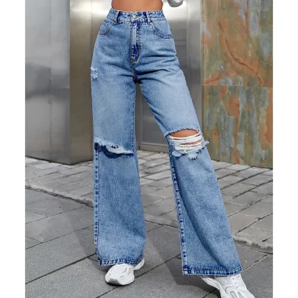 Women Fashion Casual High Waist Wide Leg Ripped Jeans - Image 7
