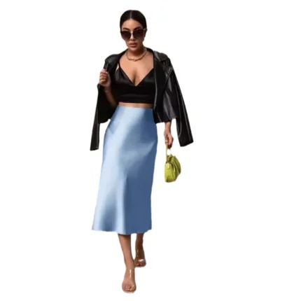 Women Fashion Sexy Solid Color Satin Mid-Length Skirt - Image 3