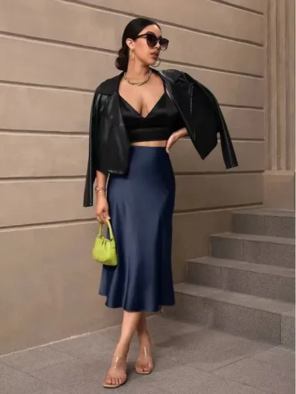 Women Fashion Sexy Solid Color Satin Mid-Length Skirt - Image 8