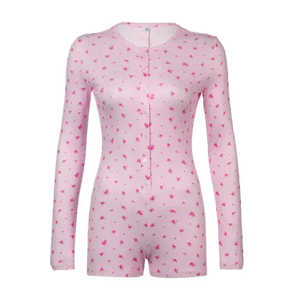 Women Fashion Casual Floral Printed V-Neck Long-Sleeve Single Breasted Slim-Fit Rompers - Image 5