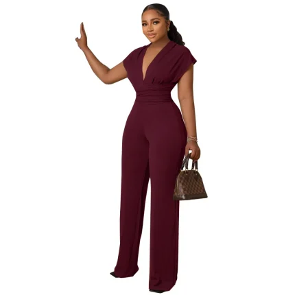 Women Fashion Casual Solid Color V-Neck Sleeveless Silm-Fit Jumpsuit - Image 4