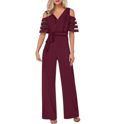 Elegant Women Solid Color Cool-Shoulder V Neck Office Jumpsuits - Image 3