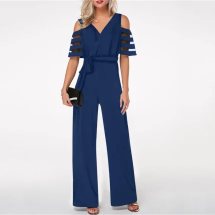 Elegant Women Solid Color Cool-Shoulder V Neck Office Jumpsuits - Image 4