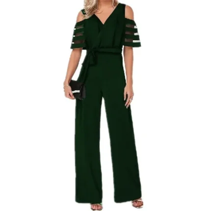 Elegant Women Solid Color Cool-Shoulder V Neck Office Jumpsuits - Image 5