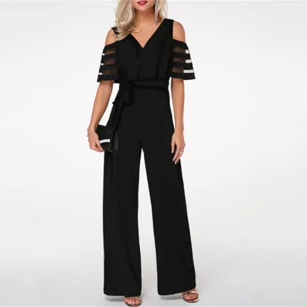 Elegant Women Solid Color Cool-Shoulder V Neck Office Jumpsuits - Image 6