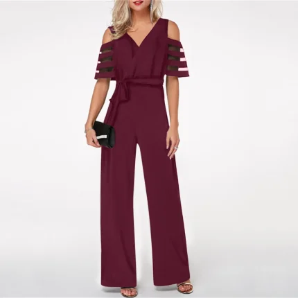 Elegant Women Solid Color Cool-Shoulder V Neck Office Jumpsuits - Image 7