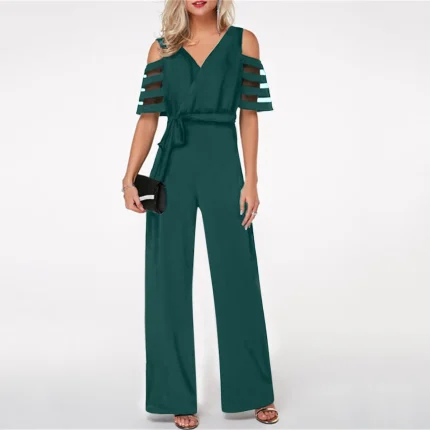 Elegant Women Solid Color Cool-Shoulder V Neck Office Jumpsuits - Image 8