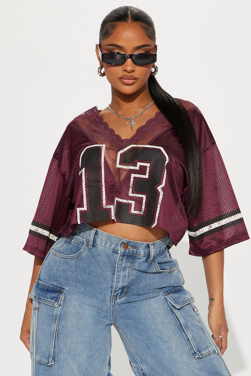 96bba8596a72983c84fc5d84402bac8b.jpg Burgundy #13 Cropped Jersey - Image 1